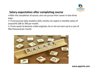 Salary expectation after completing course
After the completion of course, one can pursue their career in two-three
ways.
 If one pursues data analytics skills, he/she can expect a monthly salary of
around Rs 50K to 70K per month.
 If one wants to become a data engineer, he or she can earn up to a sum of
fifty thousand per month.
www.apponix.com
 