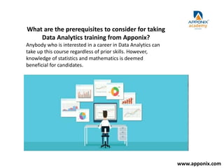 What are the prerequisites to consider for taking
Data Analytics training from Apponix?
Anybody who is interested in a career in Data Analytics can
take up this course regardless of prior skills. However,
knowledge of statistics and mathematics is deemed
beneficial for candidates.
www.apponix.com
 