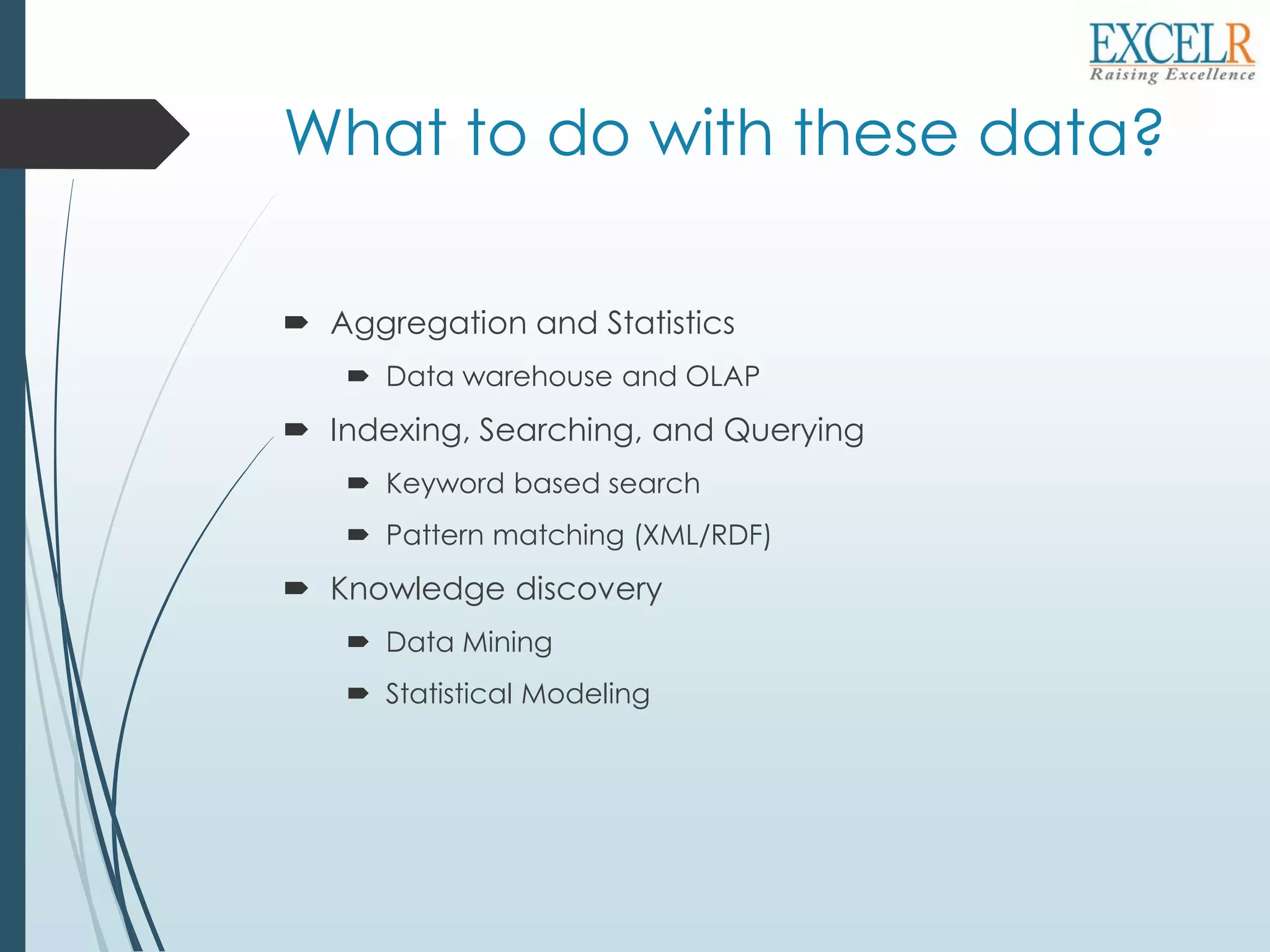 What to do with these data?
 Aggregation and Statistics
 Data warehouse and OLAP
 Indexing, Searching, and Querying
 Keyword based search
 Pattern matching (XML/RDF)
 Knowledge discovery
 Data Mining
 Statistical Modeling
 