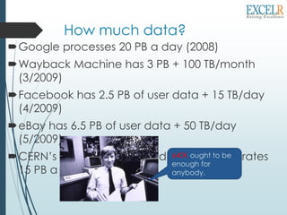 How much data?
Google processes 20 PB a day (2008)
Wayback Machine has 3 PB + 100 TB/month
(3/2009)
Facebook has 2.5 PB of user data + 15 TB/day
(4/2009)
eBay has 6.5 PB of user data + 50 TB/day
(5/2009)
CERN’s Large Hydron Collider (LHC) generates
15 PB a year
640K ought to be
enough for
anybody.
 