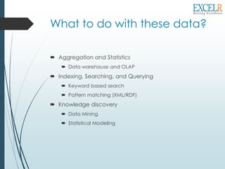 What to do with these data?
 Aggregation and Statistics
 Data warehouse and OLAP
 Indexing, Searching, and Querying
 Keyword based search
 Pattern matching (XML/RDF)
 Knowledge discovery
 Data Mining
 Statistical Modeling
 