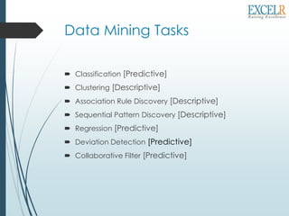 Data Mining Tasks
 Classification [Predictive]
 Clustering [Descriptive]
 Association Rule Discovery [Descriptive]
 Sequential Pattern Discovery [Descriptive]
 Regression [Predictive]
 Deviation Detection [Predictive]
 Collaborative Filter [Predictive]
 