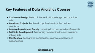 iabac.org
Key Features of Data Analytics Courses
Curriculum Design: Blend of theoretical knowledge and practical
skills.
Hands-on Projects: Real-world applications to solve business
problems.
Industry-Experienced Faculty: Learning from seasoned professionals.
Soft Skills Development: Enhancing communication and problem-
solving skills.
Certification: Recognized certifications improve employment
opportunities.
 