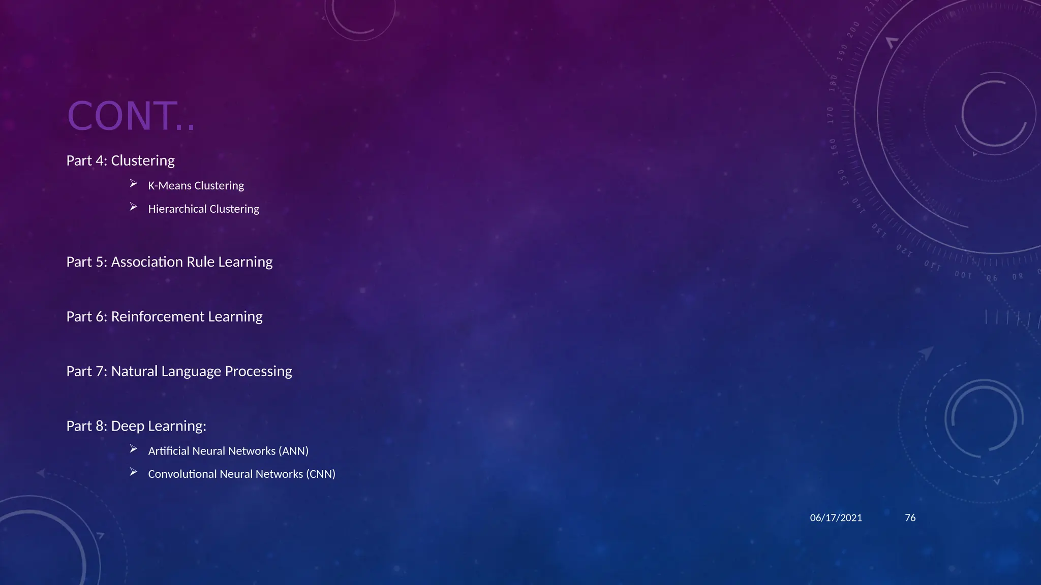 CONT..
Part 4: Clustering
 K-Means Clustering
 Hierarchical Clustering
Part 5: Association Rule Learning
Part 6: Reinforcement Learning
Part 7: Natural Language Processing
Part 8: Deep Learning:
 Artificial Neural Networks (ANN)
 Convolutional Neural Networks (CNN)
76
06/17/2021
 