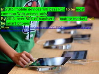 In 2013, mobile devices will pass PCs to be most
common Web access tools.
By 2015, over 80% of handsets in mature markets will
be smart phones.
Source:http://www.forbes.com/sites/ericsavitz/2012/10/23/gartner-top-10-strategic-
technology-trends-for-2013/
 