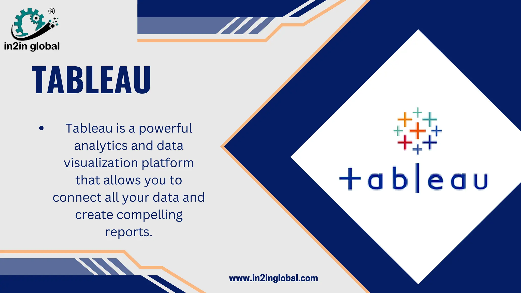 TABLEAU
Tableau is a powerful
analytics and data
visualization platform
that allows you to
connect all your data and
create compelling
reports.
www.in2inglobal.com
 