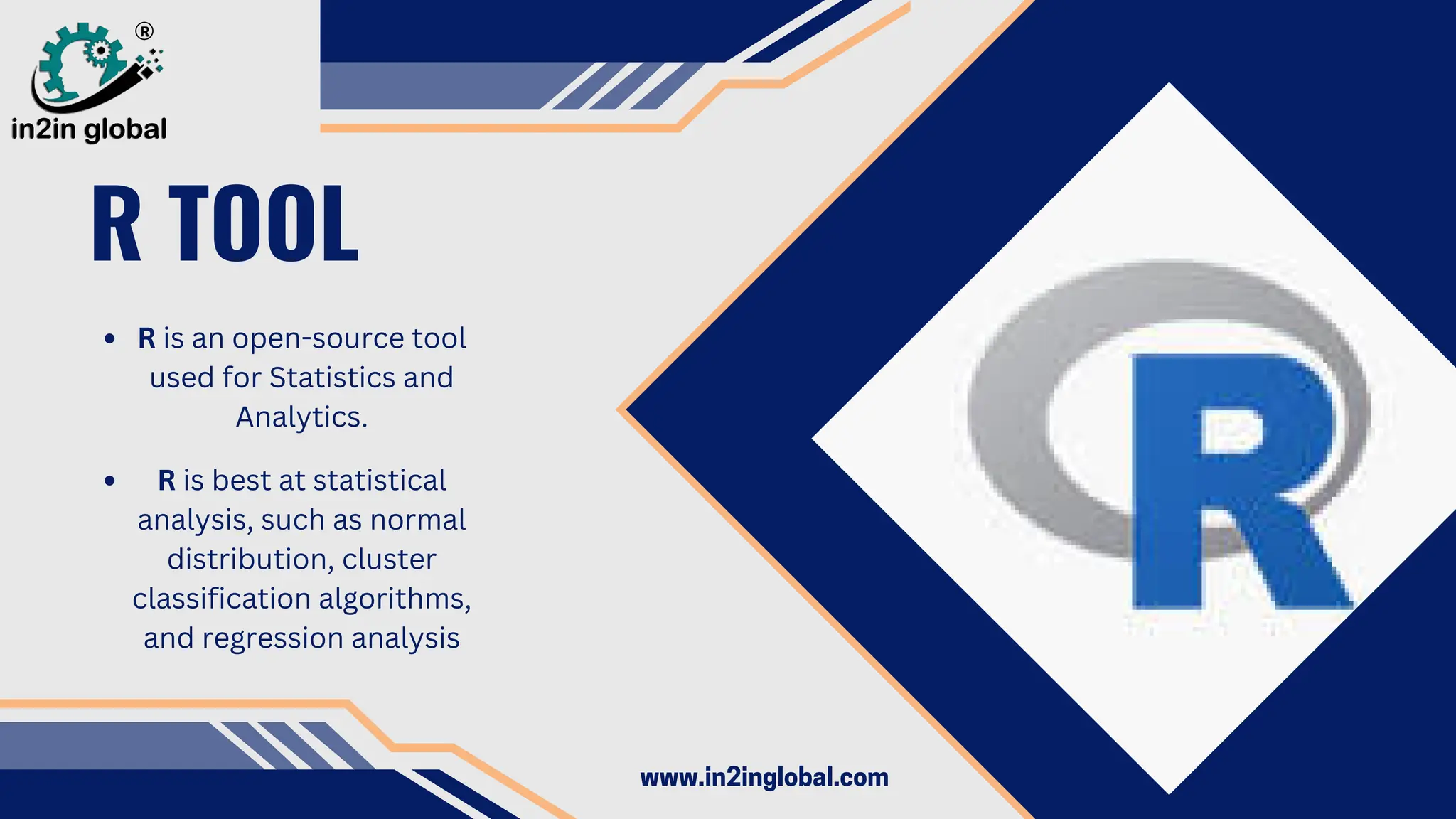 R TOOL
R is an open-source tool
used for Statistics and
Analytics.
R is best at statistical
analysis, such as normal
distribution, cluster
classification algorithms,
and regression analysis
www.in2inglobal.com
 