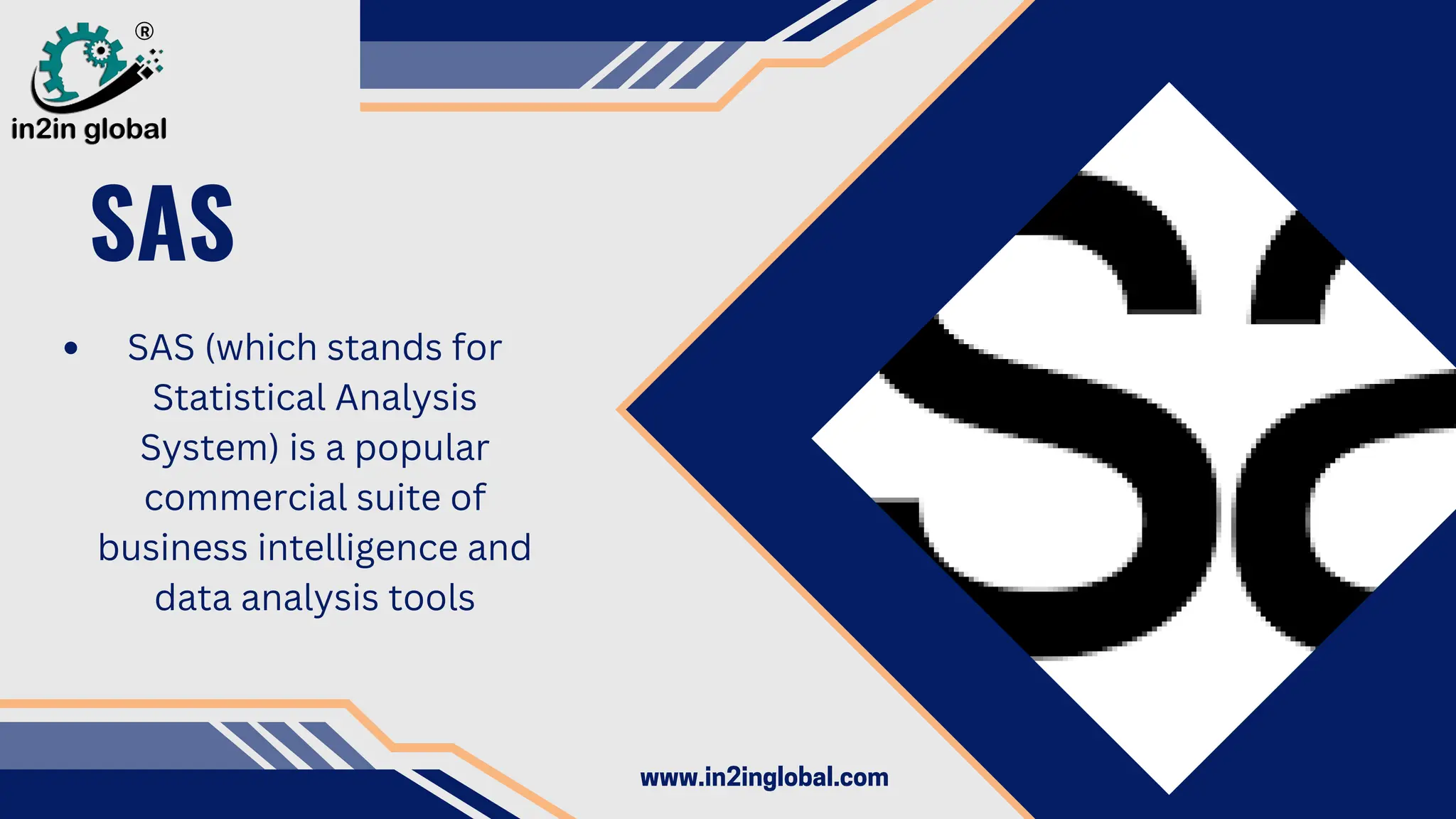 SAS
SAS (which stands for
Statistical Analysis
System) is a popular
commercial suite of
business intelligence and
data analysis tools
www.in2inglobal.com
 