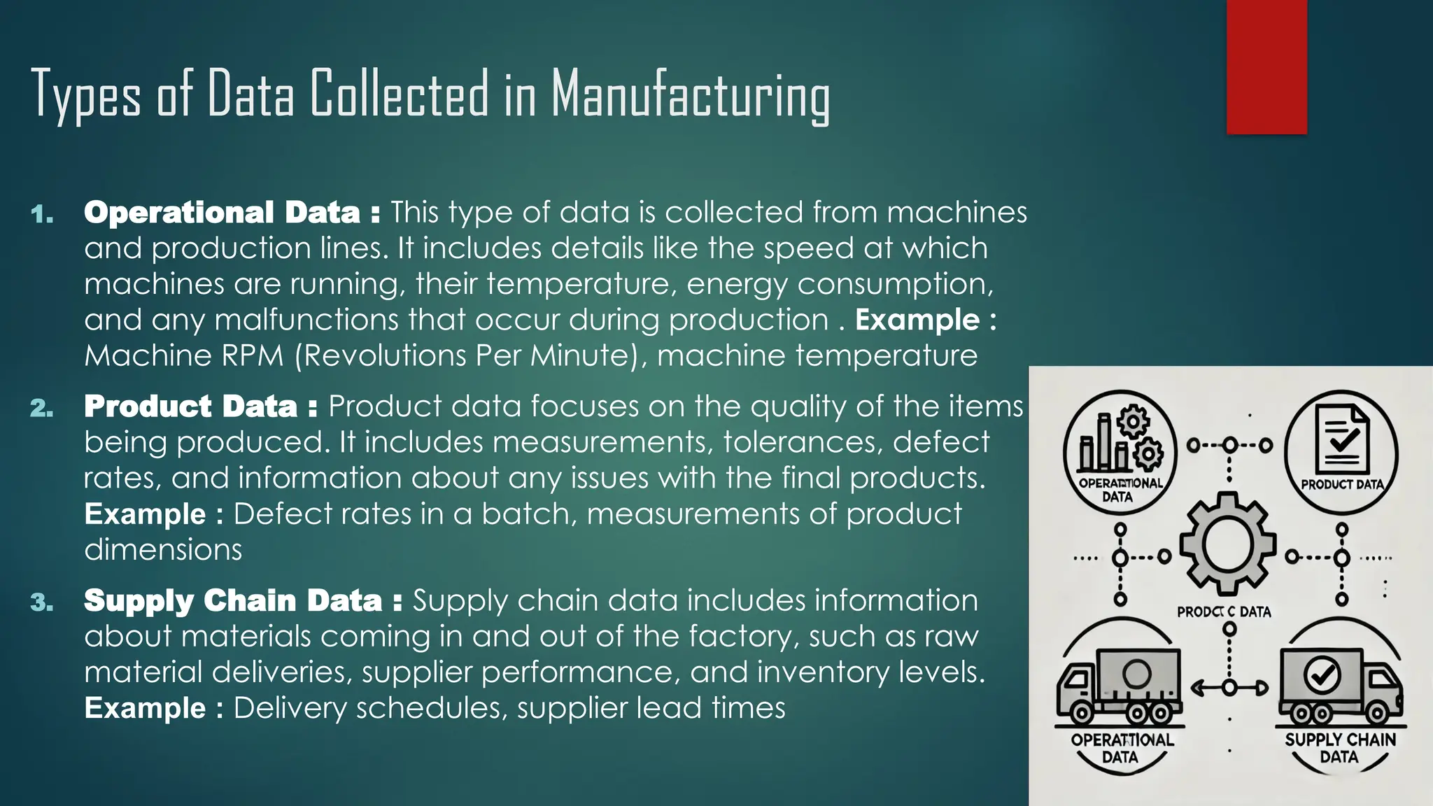 Types of Data Collected in Manufacturing
1. Operational Data : This type of data is collected from machines
and production lines. It includes details like the speed at which
machines are running, their temperature, energy consumption,
and any malfunctions that occur during production . Example :
Machine RPM (Revolutions Per Minute), machine temperature
2. Product Data : Product data focuses on the quality of the items
being produced. It includes measurements, tolerances, defect
rates, and information about any issues with the final products.
Example : Defect rates in a batch, measurements of product
dimensions
3. Supply Chain Data : Supply chain data includes information
about materials coming in and out of the factory, such as raw
material deliveries, supplier performance, and inventory levels.
Example : Delivery schedules, supplier lead times
 