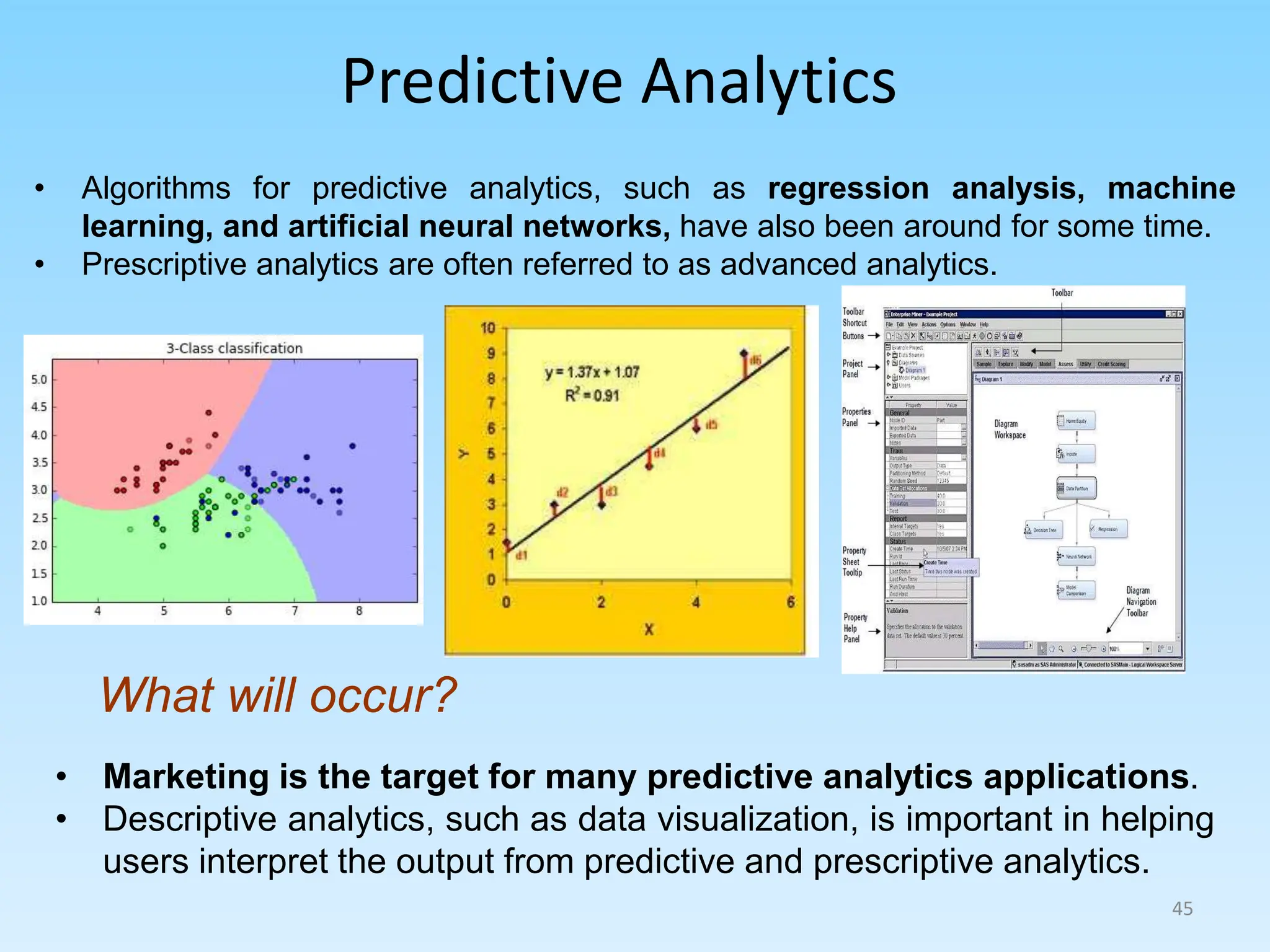 Predictive Analytics
What will occur?
• Marketing is the target for many predictive analytics applications.
• Descriptive analytics, such as data visualization, is important in helping
users interpret the output from predictive and prescriptive analytics.
• Algorithms for predictive analytics, such as regression analysis, machine
learning, and artificial neural networks, have also been around for some time.
• Prescriptive analytics are often referred to as advanced analytics.
45
 