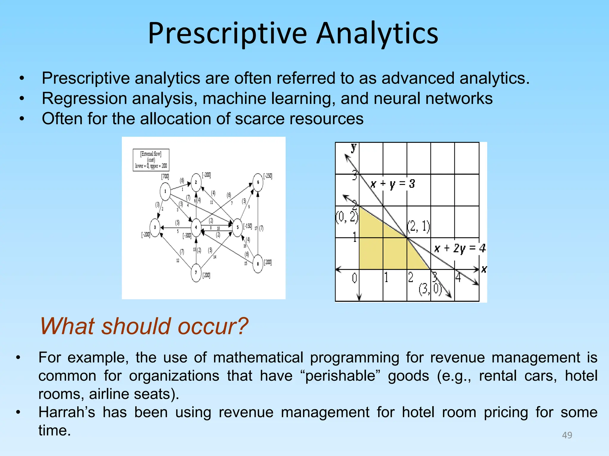 Prescriptive Analytics
What should occur?
• For example, the use of mathematical programming for revenue management is
common for organizations that have “perishable” goods (e.g., rental cars, hotel
rooms, airline seats).
• Harrah’s has been using revenue management for hotel room pricing for some
time.
• Prescriptive analytics are often referred to as advanced analytics.
• Regression analysis, machine learning, and neural networks
• Often for the allocation of scarce resources
49
 