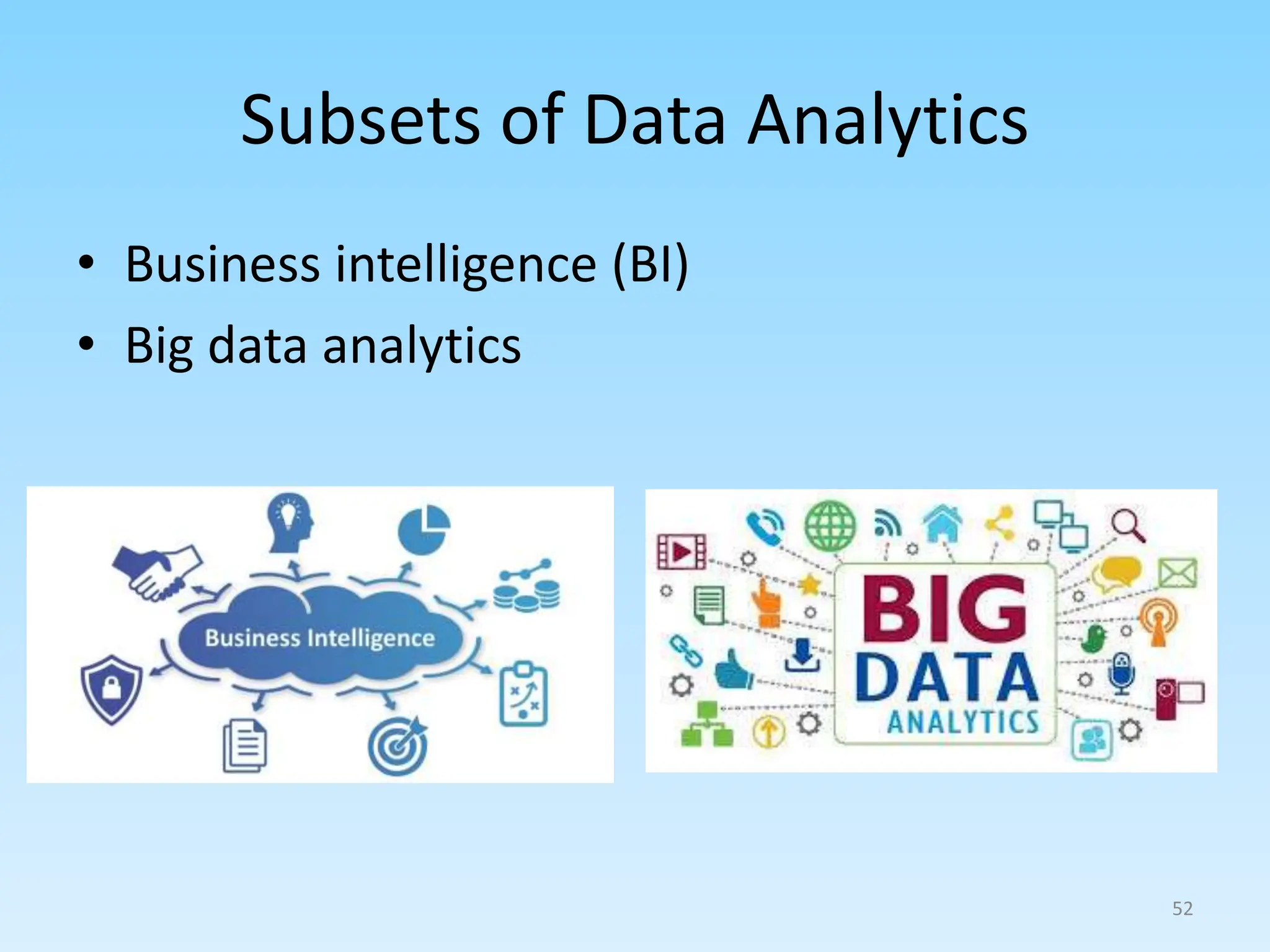 Subsets of Data Analytics
• Business intelligence (BI)
• Big data analytics
52
 