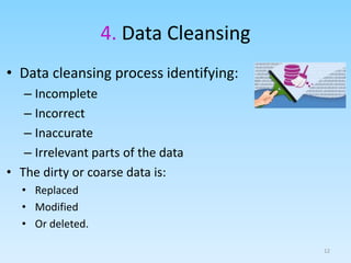 4. Data Cleansing
12
• Data cleansing process identifying:
– Incomplete
– Incorrect
– Inaccurate
– Irrelevant parts of the data
• The dirty or coarse data is:
• Replaced
• Modified
• Or deleted.
 