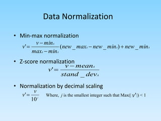Data Normalization
• Min-max normalization
• Z-score normalization
• Normalization by decimal scaling
A
A
A
A
A
A
min
new
min
new
max
new
min
max
min
v
v _
)
_
_
(
' 




A
A
dev
stand
mean
v
v
_
'


j
v
v
10
' Where, j is the smallest integer such that Max(| |) < 1
'
v
 