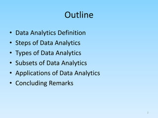 Outline
• Data Analytics Definition
• Steps of Data Analytics
• Types of Data Analytics
• Subsets of Data Analytics
• Applications of Data Analytics
• Concluding Remarks
2
 