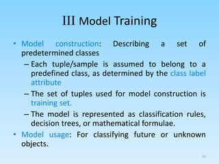 III Model Training
• Model construction: Describing a set of
predetermined classes
– Each tuple/sample is assumed to belong to a
predefined class, as determined by the class label
attribute
– The set of tuples used for model construction is
training set.
– The model is represented as classification rules,
decision trees, or mathematical formulae.
• Model usage: For classifying future or unknown
objects.
25
 