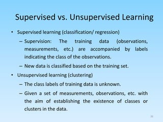 Supervised vs. Unsupervised Learning
• Supervised learning (classification/ regression)
– Supervision: The training data (observations,
measurements, etc.) are accompanied by labels
indicating the class of the observations.
– New data is classified based on the training set.
• Unsupervised learning (clustering)
– The class labels of training data is unknown.
– Given a set of measurements, observations, etc. with
the aim of establishing the existence of classes or
clusters in the data.
26
 