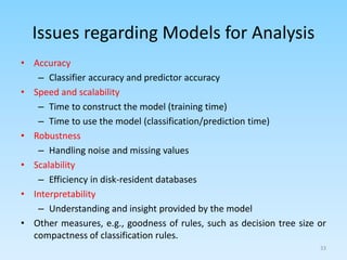Issues regarding Models for Analysis
• Accuracy
– Classifier accuracy and predictor accuracy
• Speed and scalability
– Time to construct the model (training time)
– Time to use the model (classification/prediction time)
• Robustness
– Handling noise and missing values
• Scalability
– Efficiency in disk-resident databases
• Interpretability
– Understanding and insight provided by the model
• Other measures, e.g., goodness of rules, such as decision tree size or
compactness of classification rules.
33
 