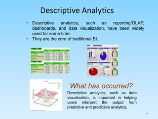Descriptive Analytics
What has occurred?
Descriptive analytics, such as data
visualization, is important in helping
users interpret the output from
predictive and predictive analytics.
• Descriptive analytics, such as reporting/OLAP,
dashboards, and data visualization, have been widely
used for some time.
• They are the core of traditional BI.
43
 