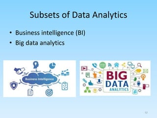 Subsets of Data Analytics
• Business intelligence (BI)
• Big data analytics
52
 