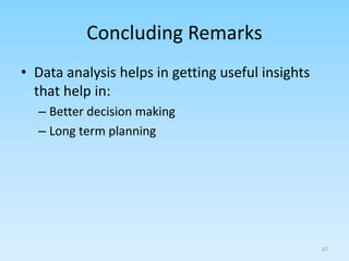 Concluding Remarks
• Data analysis helps in getting useful insights
that help in:
– Better decision making
– Long term planning
67
 