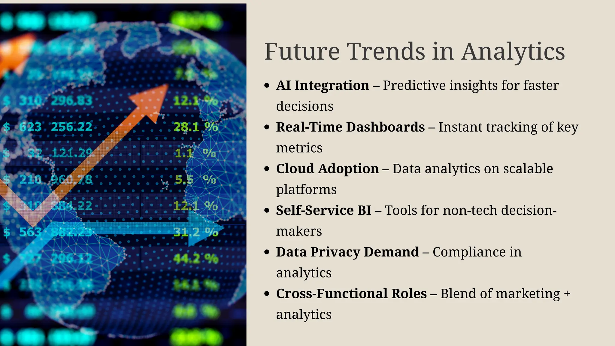 Future Trends in Analytics
AI Integration – Predictive insights for faster
decisions
Real-Time Dashboards – Instant tracking of key
metrics
Cloud Adoption – Data analytics on scalable
platforms
Self-Service BI – Tools for non-tech decision-
makers
Data Privacy Demand – Compliance in
analytics
Cross-Functional Roles – Blend of marketing +
analytics
 