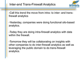 -Call this trend the move from intra- to inter- and trans-
firewall analytics
-Yesterday, companies were doing functional silo-based
analytics.
-Today they are doing intra-firewall analytics with data
within the firewall.
-Tomorrow they will be collaborating on insights with
other companies to do inter-firewall analytics as well as
leveraging the public domain to do trans-firewall
analytics.
Inter-and Trans-Firewall Analytics
 