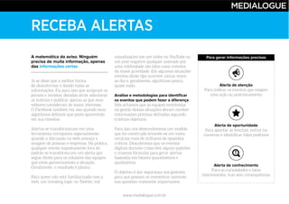 www.medialogue.com.br
RECEBA ALERTAS
A matemática do aviso. Ninguém
precisa de muita informação, apenas
das informações certas
Análise e metodologias para identificar
os eventos que podem fazer a diferença
Para gerar informações precisas
Alerta de conhecimento
Alerta de atenção
Alerta de oportunidade
 