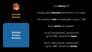 Amazon 
Kinesis 
Streams
Amazon 
Kinesis
Low latency I/O
Conﬁgurable retention period from 1 to 7 days
The maximum size of a data blob is up to 1 MB
Each shard can support:
up to 5 transactions / second and
up to 2 MB / second for reads
up to 1,000 records / second and
up to 1 MB / second for writes
 