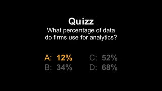 Quizz
What percentage of data  
do firms use for analytics?
A: 12% C: 52%
B: 34% D: 68%
 