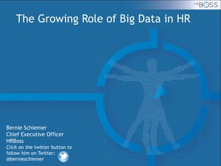 The Growing Role of Big Data in HR

Bernie Schiemer
Chief Executive Officer
HRBoss
Click on the twitter button to
follow him on Twitter:
@bernieschiemer

 