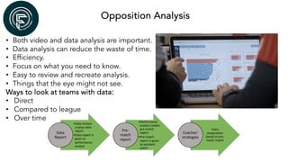 Opposition Analysis
• Both video and data analysis are important.
• Data analysis can reduce the waste of time.
• Efficiency.
• Focus on what you need to know.
• Easy to review and recreate analysis.
• Things that the eye might not see.
Ways to look at teams with data:
• Direct
• Compared to league
• Over time
•Data Analyst
creates data
report
•Data report is
given to
performance
analyst
Data
Report
•Performance
analyst creates
pre-match
report
•Pre-match
report is given
to assistant
coach.
Pre-
match
report
Team
preparation
based on pre-
match report
Coaches'
strategies
 