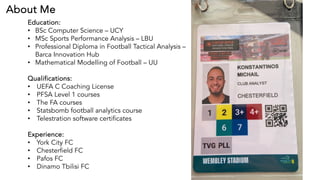 Education:
• BSc Computer Science – UCY
• MSc Sports Performance Analysis – LBU
• Professional Diploma in Football Tactical Analysis –
Barca Innovation Hub
• Mathematical Modelling of Football – UU
Qualifications:
• UEFA C Coaching License
• PFSA Level 1 courses
• The FA courses
• Statsbomb football analytics course
• Telestration software certificates
Experience:
• York City FC
• Chesterfield FC
• Pafos FC
• Dinamo Tbilisi FC
About Me
 