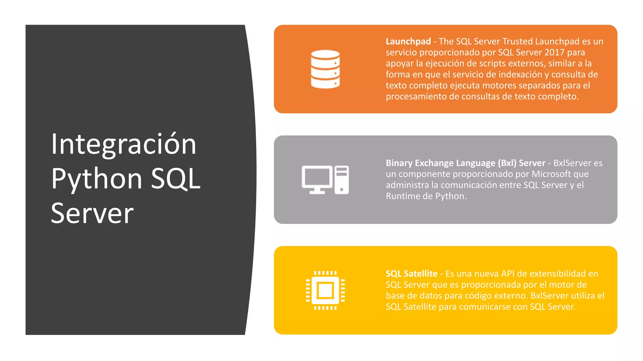 Integración
Python SQL
Server
Launchpad - The SQL Server Trusted Launchpad es un
servicio proporcionado por SQL Server 2017 para
apoyar la ejecución de scripts externos, similar a la
forma en que el servicio de indexación y consulta de
texto completo ejecuta motores separados para el
procesamiento de consultas de texto completo.
Binary Exchange Language (Bxl) Server - BxlServer es
un componente proporcionado por Microsoft que
administra la comunicación entre SQL Server y el
Runtime de Python.
SQL Satellite - Es una nueva API de extensibilidad en
SQL Server que es proporcionada por el motor de
base de datos para código externo. BxlServer utiliza el
SQL Satellite para comunicarse con SQL Server.
 