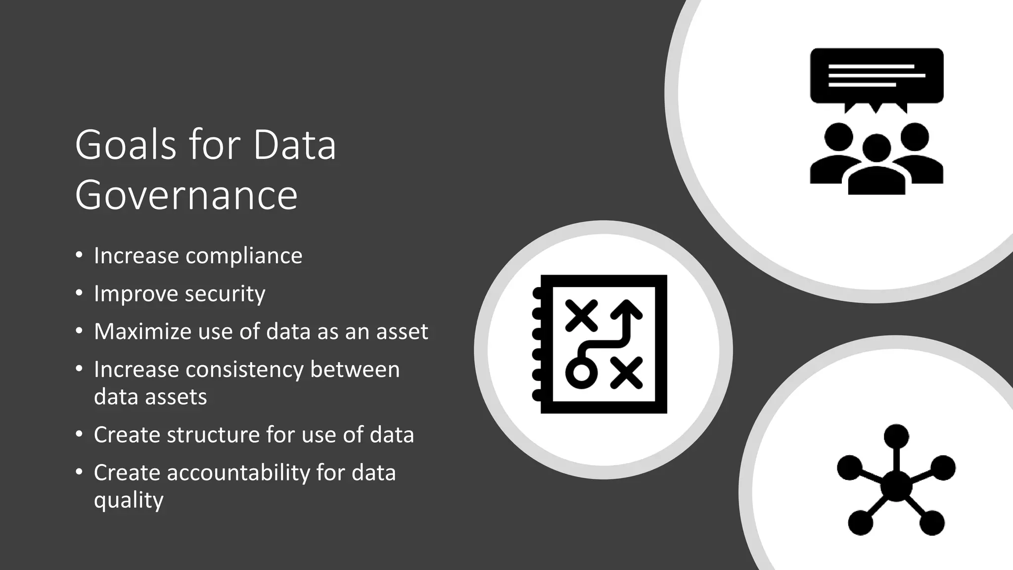 Goals for Data
Governance
• Increase compliance
• Improve security
• Maximize use of data as an asset
• Increase consistency between
data assets
• Create structure for use of data
• Create accountability for data
quality
 
