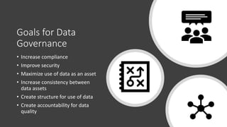 Goals for Data
Governance
• Increase compliance
• Improve security
• Maximize use of data as an asset
• Increase consistency between
data assets
• Create structure for use of data
• Create accountability for data
quality
 