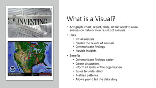 What is a Visual?
• Any graph, chart, report, table, or text used to allow
analysis on data or view results of analysis
• Uses
• Initial analysis
• Display the results of analysis
• Communicate findings
• Provide insights
• Benefits
• Communicate findings easier
• Create discussions
• Inform all levels of the organization
• Easier to understand
• Realizes patterns
• Allows you to tell the data story
 