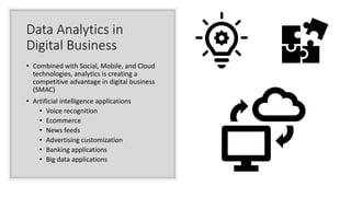 Data Analytics in
Digital Business
• Combined with Social, Mobile, and Cloud
technologies, analytics is creating a
competitive advantage in digital business
(SMAC)
• Artificial intelligence applications
• Voice recognition
• Ecommerce
• News feeds
• Advertising customization
• Banking applications
• Big data applications
 