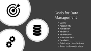 Goals for Data
Management
• Quality
• Accessibility
• Availability
• Reliability
• Performance
• Maintainability
• Timeliness
• Gain insights into business
• Better business decisions
 