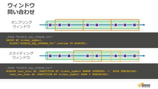 ウィンドウ
問い合わせ
タンブリング
ウィンドウ
スライディング
ウィンドウ
…FROM "SOURCE_SQL_STREAM_001"
GROUP BY ticker_symbol,
FLOOR("SOURCE_SQL_STREAM_001".rowtime TO MINUTE);
…FROM "SOURCE_SQL_STREAM_001"
WINDOW last_hour AS (PARTITION BY ticker_symbol RANGE INTERVAL '1' HOUR PRECEDING),
last_two_rows AS (PARTITION BY ticker_symbol ROWS 2 PRECEDING);
 