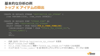 基本的な分析の例
トップ K アイテムの算出
• 内部（出力）ストリーム "DESTINATION_SQL_STREAM" を宣言
• ポンプ "STREAM_PUMP" を宣言
• TOP_K_ITEMS_TUMBLING() 関数へ "SOURCE_SQL_STREAM_001" へのカーソルを設定
• トップ 10 の ‘ticker_symbol’ を 60 秒のタンブリングウィンドウから算出し、テーブルへ変換
CREATE OR REPLACE STREAM “DESTINATION_SQL_STREAM” (
item VARCHAR(1024), item_count DOUBLE);
CREATE OR REPLACE PUMP "STREAM_PUMP" AS
INSERT INTO "DESTINATION_SQL_STREAM"
SELECT STREAM * FROM TABLE(TOP_K_ITEMS_TUMBLING(
CURSOR(SELECT STREAM * FROM "SOURCE_SQL_STREAM_001"),
'ticker_symbol',
10,
60));
 