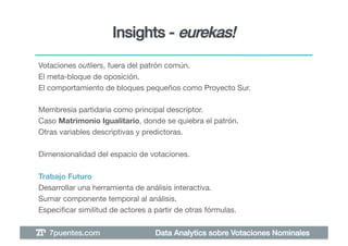 Insights - eurekas!!
Votaciones outliers, fuera del patrón común.!
El meta-bloque de oposición.!
El comportamiento de bloques pequeños como Proyecto Sur.!

Membresía partidaria como principal descriptor.!
Caso Matrimonio Igualitario, donde se quiebra el patrón. !
Otras variables descriptivas y predictoras.!

Dimensionalidad del espacio de votaciones.!

Trabajo Futuro!
Desarrollar una herramienta de análisis interactiva.!
Sumar componente temporal al análisis.!
Especiﬁcar similitud de actores a partir de otras fórmulas.!

   7puentes.com!                   Data Analytics sobre Votaciones Nominales!
 
