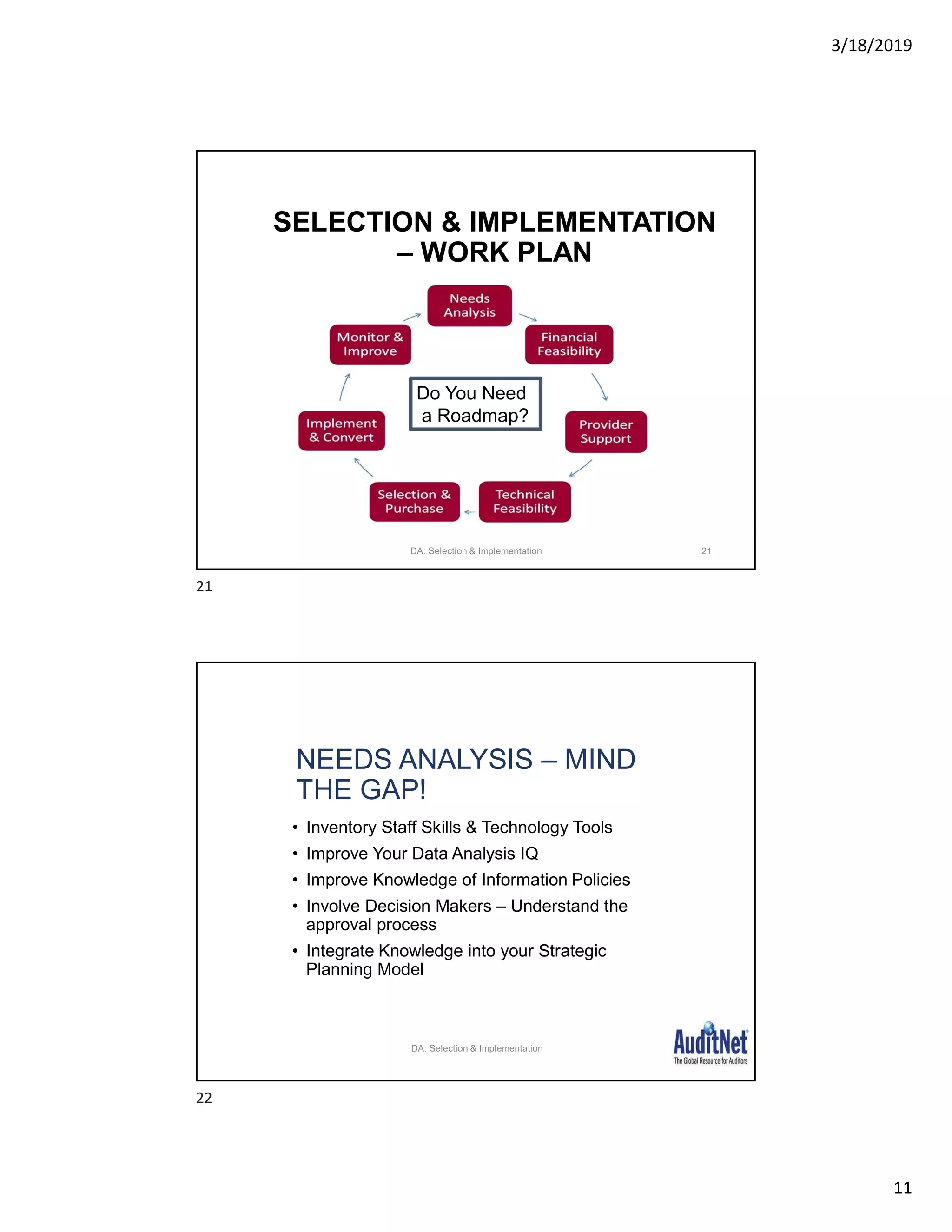 3/18/2019
11
SELECTION & IMPLEMENTATION
– WORK PLAN
Do You Need
a Roadmap?
21DA: Selection & Implementation
NEEDS ANALYSIS – MIND
THE GAP!
• Inventory Staff Skills & Technology Tools
• Improve Your Data Analysis IQ
• Improve Knowledge of Information Policies
• Involve Decision Makers – Understand the
approval process
• Integrate Knowledge into your Strategic
Planning Model
25
DA: Selection & Implementation
21
22
 