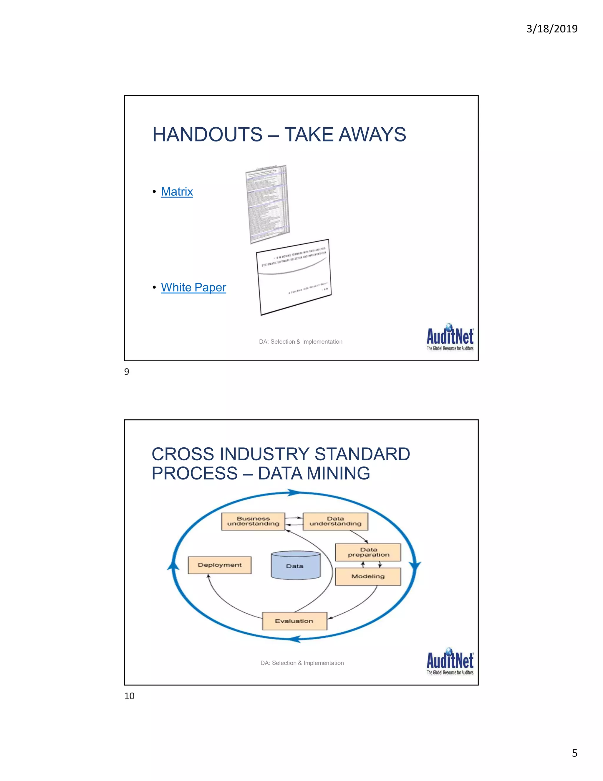 3/18/2019
5
HANDOUTS – TAKE AWAYS
• Matrix
• White Paper
DA: Selection & Implementation
CROSS INDUSTRY STANDARD
PROCESS – DATA MINING
DA: Selection & Implementation
9
10
 