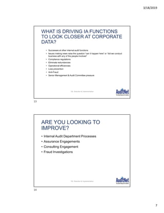 3/18/2019
7
WHAT IS DRIVING IA FUNCTIONS
TO LOOK CLOSER AT CORPORATE
DATA?
• Successes at other internal audit functions
• Issues making news raise the question “can it happen here” or “did we conduct
business with any of the people involved”
• Compliance regulations
• Eliminate redundancies
• Operational efficiencies
• Loss prevention
• Anti-Fraud
• Senior Management & Audit Committee pressure
DA: Selection & Implementation
ARE YOU LOOKING TO
IMPROVE?
• Internal Audit Department Processes
• Assurance Engagements
• Consulting Engagement
• Fraud Investigations
DA: Selection & Implementation
13
14
 