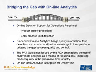 Bridging the Gap with On-line Analytics
 On-line Decision Support for Operations Personnel
– Product quality predictions
– Early process fault detection
 Embedded On-line Analytics brings quality information, fault
detection, and abnormal situation knowledge to the operator –
bridging the gap between quality and control.
 The PAT Guidelines issued by the FDA emphasized the use of
multivariate analytics as a means of reducing cost, improving
product quality in the pharmaceutical industry.
 On-line Data Analytics is targeted for DeltaV v12.
QUALITY CONTROL
 