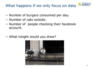 What happens if we only focus on data 
− Number of burgers consumed per day. 
− Number of cats outside. 
− Number of people checking their facebook 
account. 
− What insight would you draw? 
4 
 