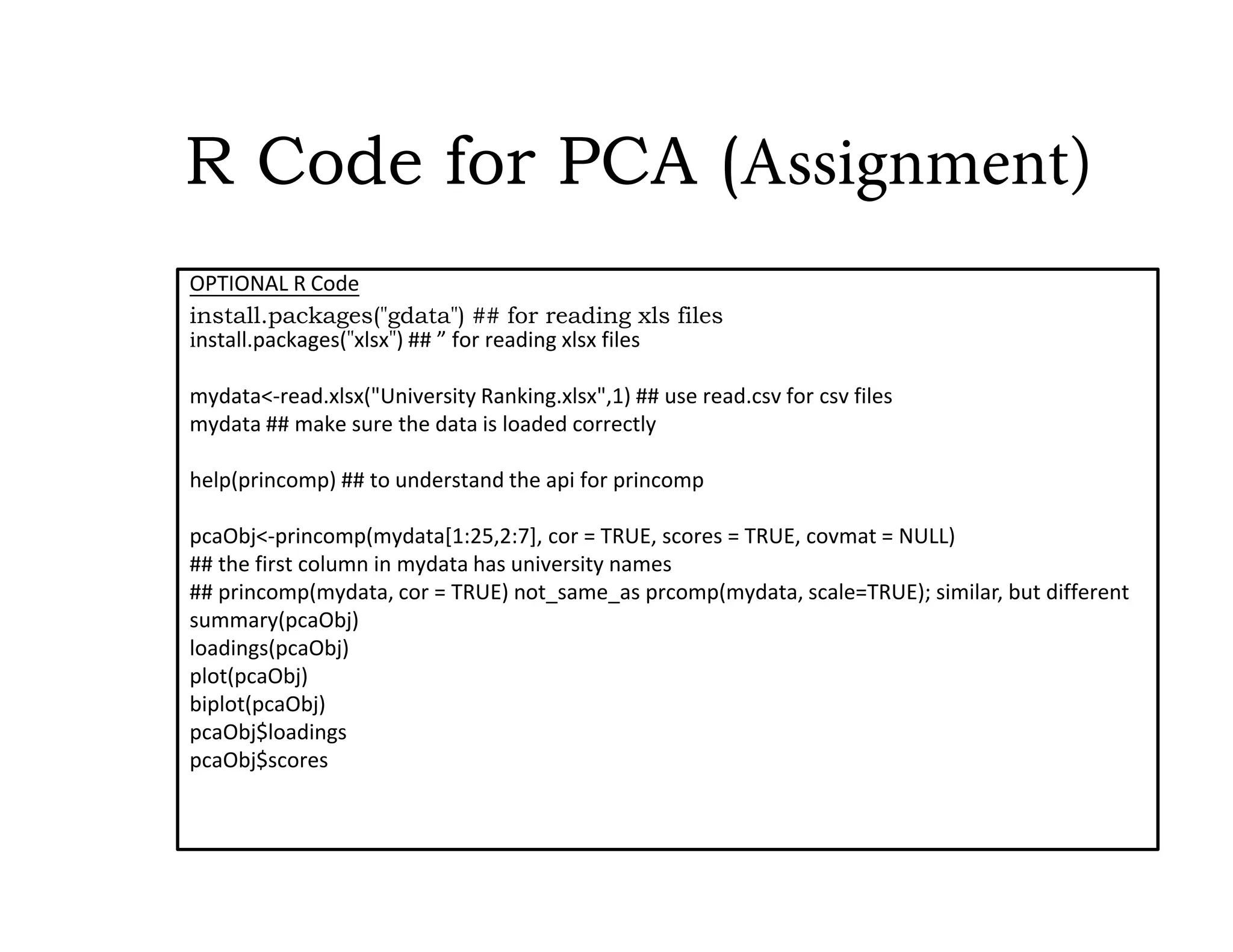 R Code for PCA (Assignment)
OPTIONAL R Code
install.packages("gdata") ## for reading xls files
install.packages("xlsx") ## ” for reading xlsx files
mydata<-read.xlsx("University Ranking.xlsx",1) ## use read.csv for csv files
mydata ## make sure the data is loaded correctly
help(princomp) ## to understand the api for princomp
pcaObj<-princomp(mydata[1:25,2:7], cor = TRUE, scores = TRUE, covmat = NULL)
## the first column in mydata has university names
## princomp(mydata, cor = TRUE) not_same_as prcomp(mydata, scale=TRUE); similar, but different
summary(pcaObj)
loadings(pcaObj)
plot(pcaObj)
biplot(pcaObj)
pcaObj$loadings
pcaObj$scores
 