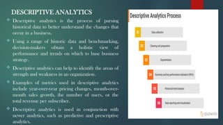 DESCRIPTIVE ANALYTICS
 Descriptive analytics is the process of parsing
historical data to better understand the changes that
occur in a business.
 Using a range of historic data and benchmarking,
decision-makers obtain a holistic view of
performance and trends on which to base business
strategy.
 Descriptive analytics can help to identify the areas of
strength and weakness in an organization.
 Examples of metrics used in descriptive analytics
include year-over-year pricing changes, month-over-
month sales growth, the number of users, or the
total revenue per subscriber.
 Descriptive analytics is used in conjunction with
newer analytics, such as predictive and prescriptive
analytics.
 