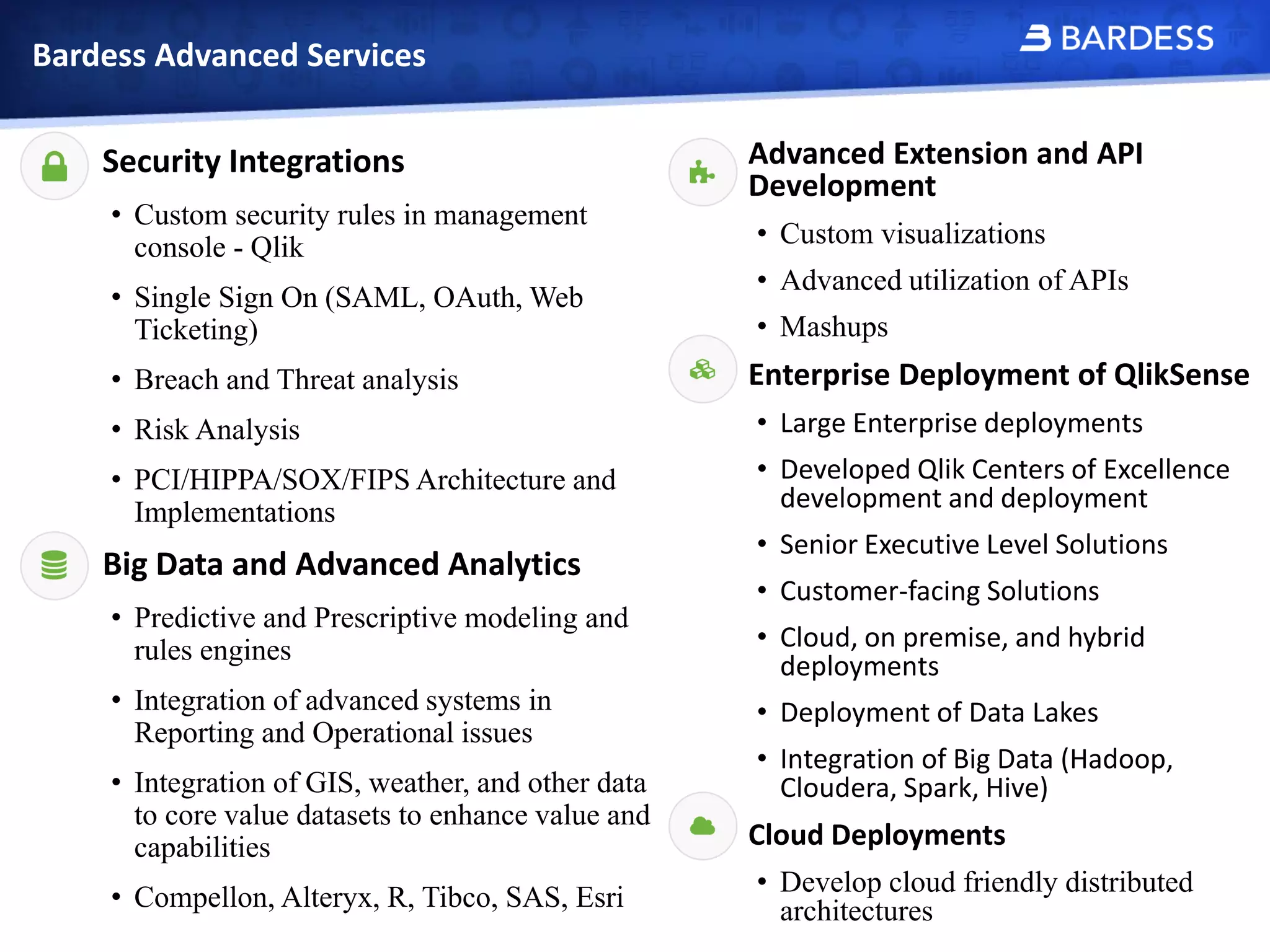 Bardess Advanced Services
Security Integrations
• Custom security rules in management
console - Qlik
• Single Sign On (SAML, OAuth, Web
Ticketing)
• Breach and Threat analysis
• Risk Analysis
• PCI/HIPPA/SOX/FIPS Architecture and
Implementations
Big Data and Advanced Analytics
• Predictive and Prescriptive modeling and
rules engines
• Integration of advanced systems in
Reporting and Operational issues
• Integration of GIS, weather, and other data
to core value datasets to enhance value and
capabilities
• Compellon, Alteryx, R, Tibco, SAS, Esri
Advanced Extension and API
Development
• Custom visualizations
• Advanced utilization of APIs
• Mashups
Enterprise Deployment of QlikSense
• Large Enterprise deployments
• Developed Qlik Centers of Excellence
development and deployment
• Senior Executive Level Solutions
• Customer-facing Solutions
• Cloud, on premise, and hybrid
deployments
• Deployment of Data Lakes
• Integration of Big Data (Hadoop,
Cloudera, Spark, Hive)
Cloud Deployments
• Develop cloud friendly distributed
architectures
 